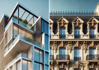 DALL·E 2024-10-21 11.42.07 - A 'versus' style image with a modern, newly constructed building on one side and a classic Haussmannian-style building on the other. The new building